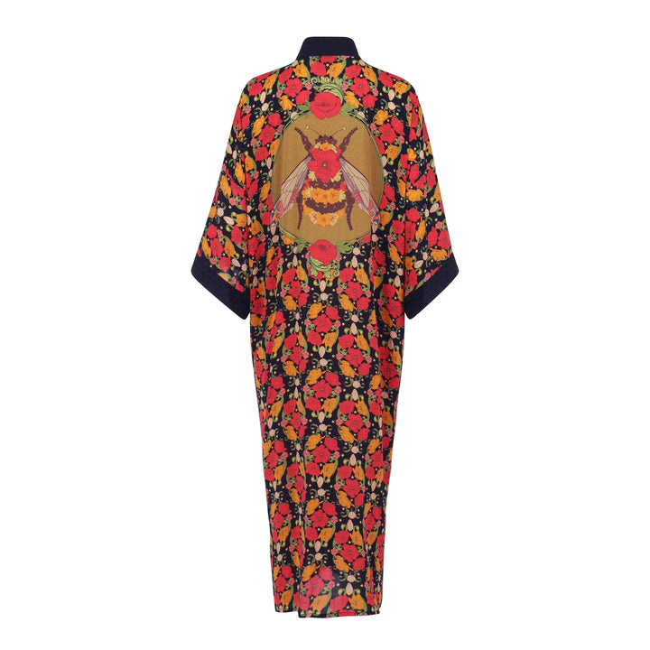 Bloom Kimono | Floral Print Dress with Queen Bee Design Black