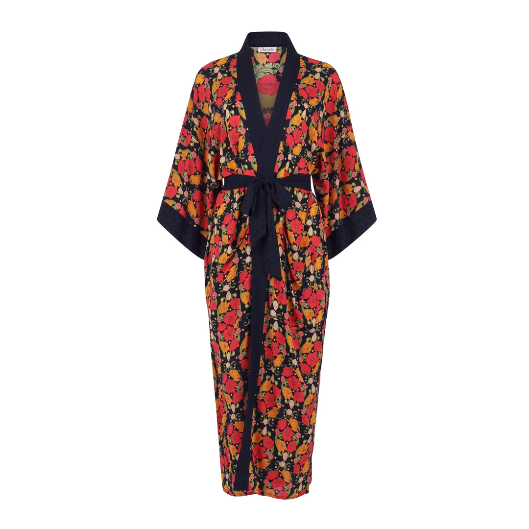 Bloom Kimono | Floral Print Dress with Queen Bee Design Black