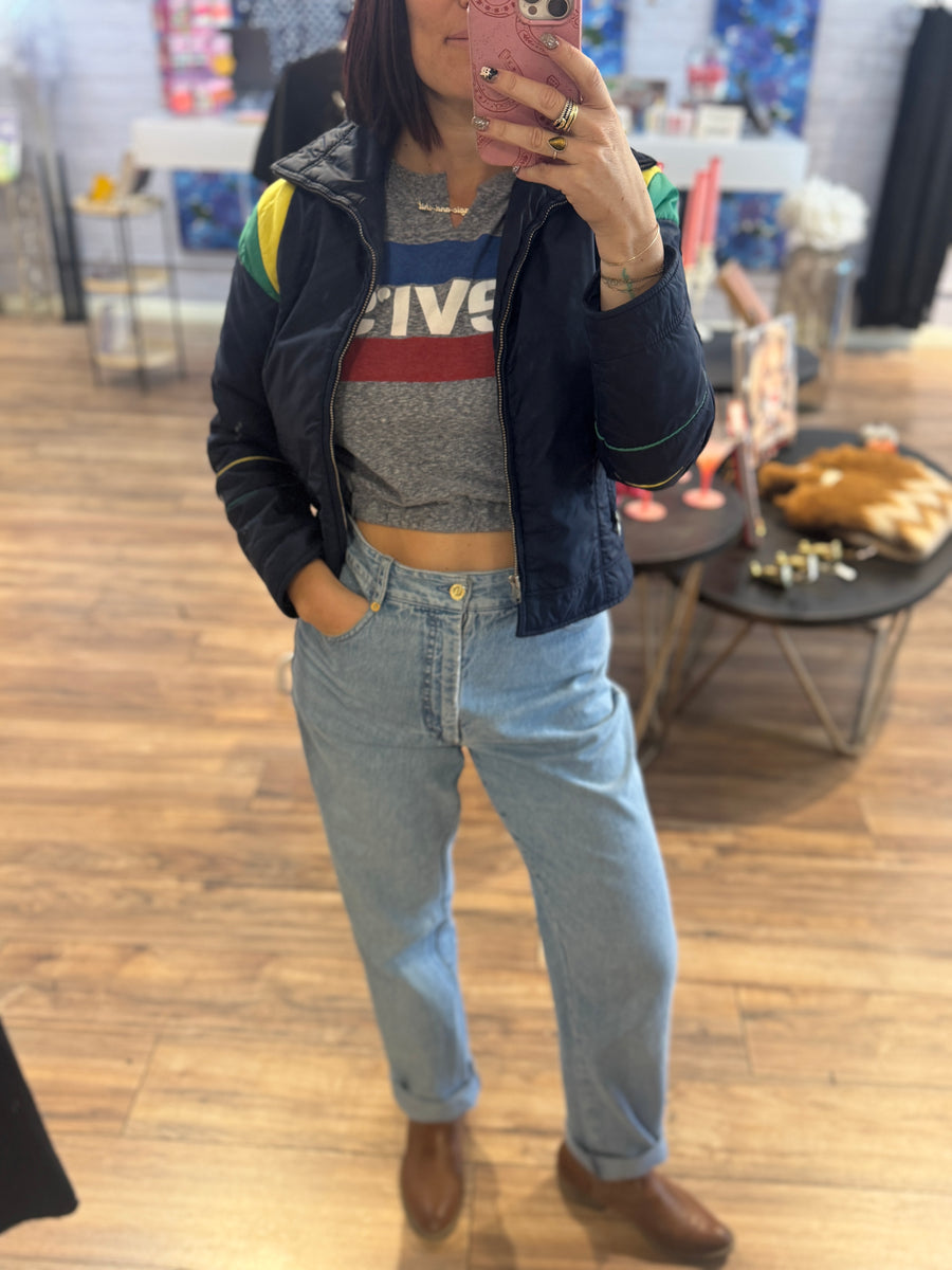 Vintage Nylon Jacket – 1980s Navy Track Jacket with Colorblock Shoulders