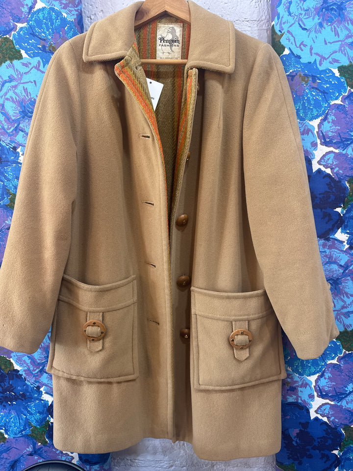 Vintage 1960s Penguin Fashions Wool Coat – Camel with Striped Lining