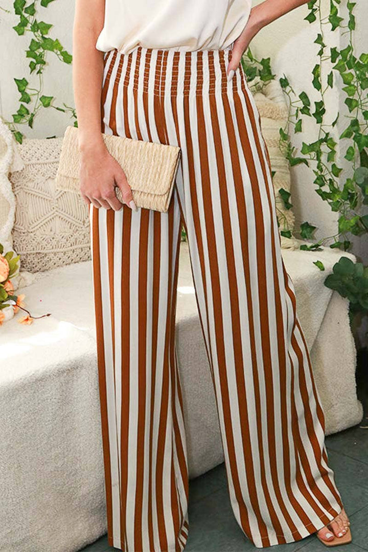 Wide-Leg Lounge Pants - Brown Striped