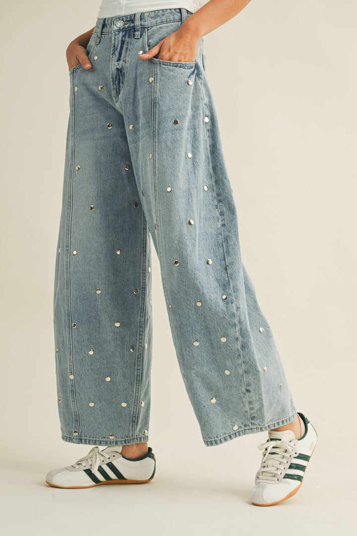 STUDDED BARREL DENIM PANTS