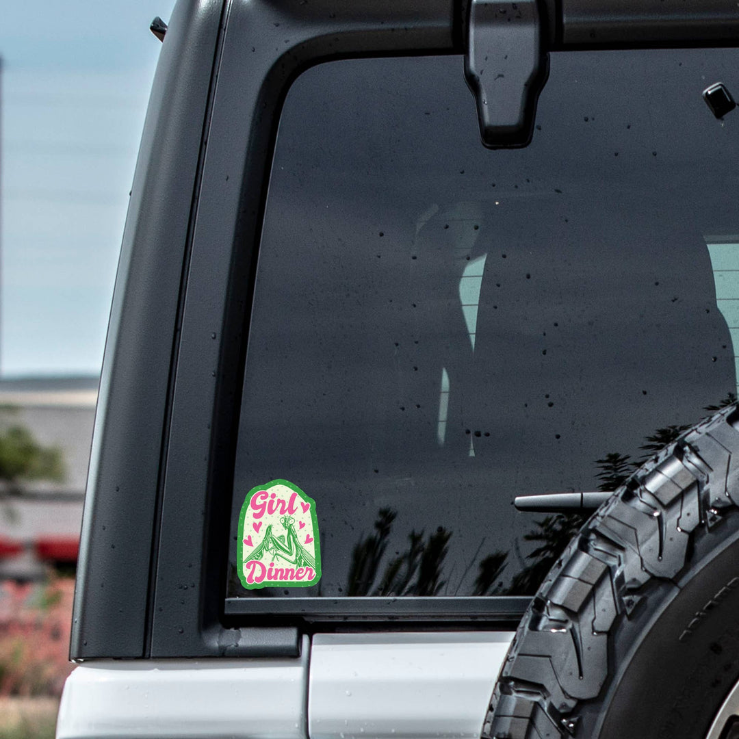 Car window with a 'Girl Dinner' sticker on a vehicle outdoors