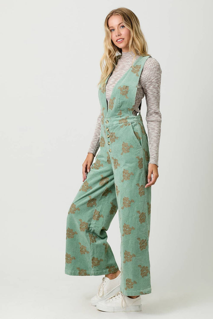 Embroidered Seafoam Corduroy Jumpsuit