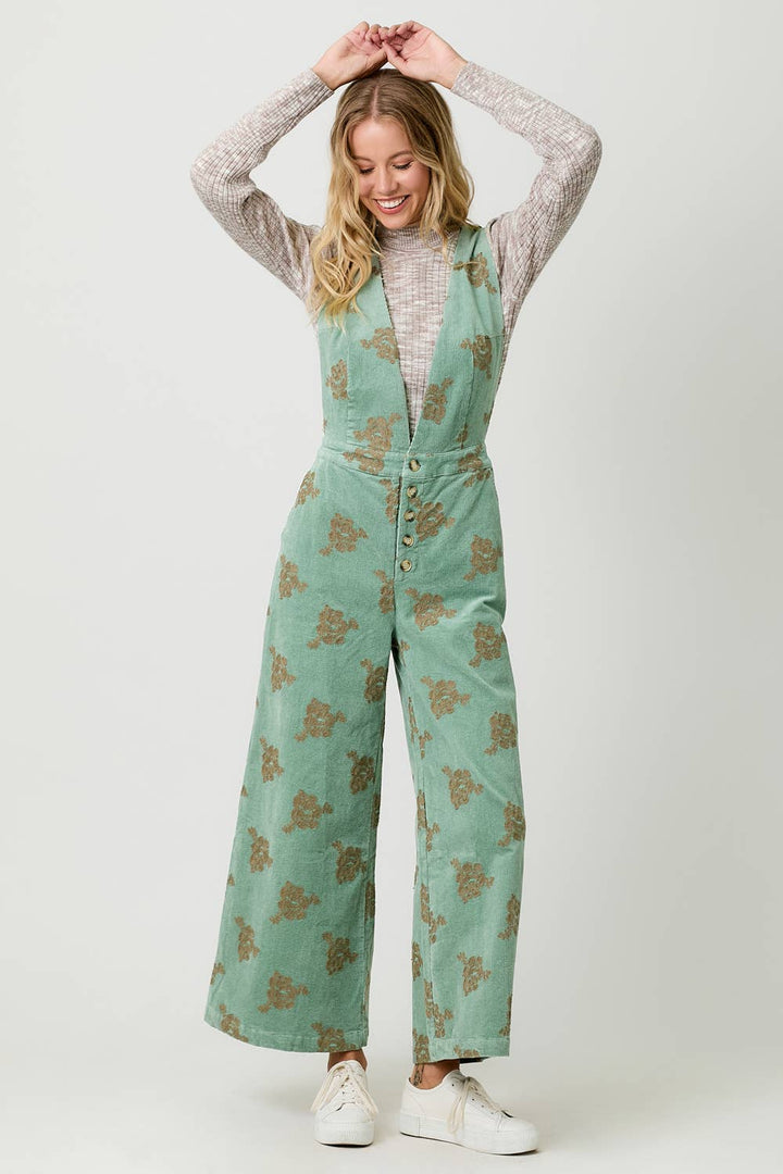 Embroidered Seafoam Corduroy Jumpsuit