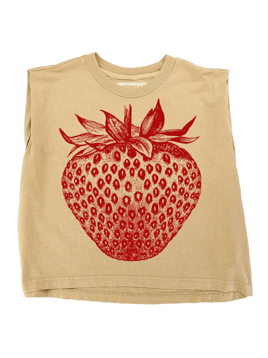 Beige sleeveless shirt with a red strawberry graphic on a white background