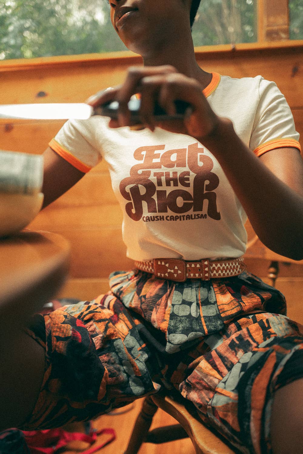 Eat the Rich Women's Fitted Ringer Graphic T-shirt