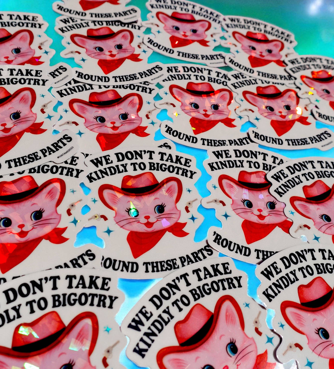 We Don’t Take Kindly to Bigotry Cowboy Cat Sticker