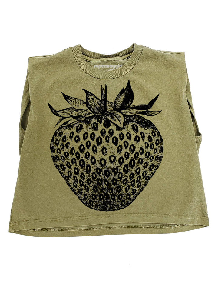 Green t-shirt with black strawberry graphic on a white background