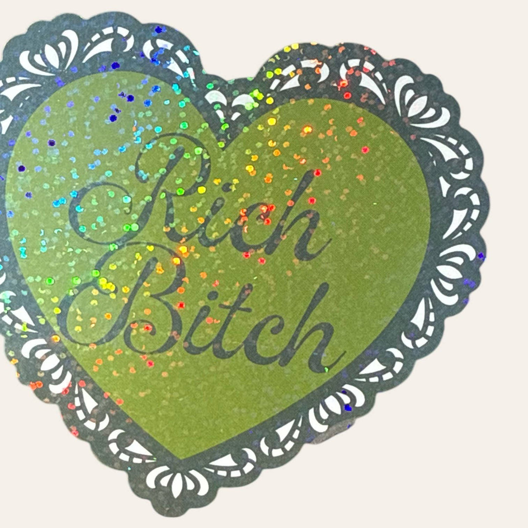 Rich Bitch Lace Heart Glitter Sticker