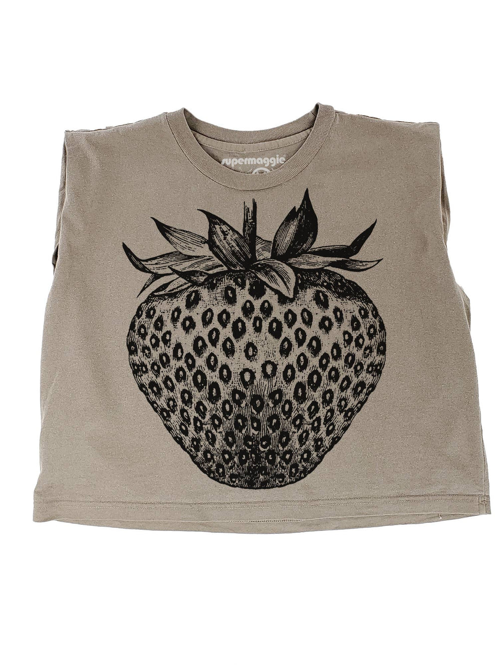Beige tank top with black strawberry graphic on a white background