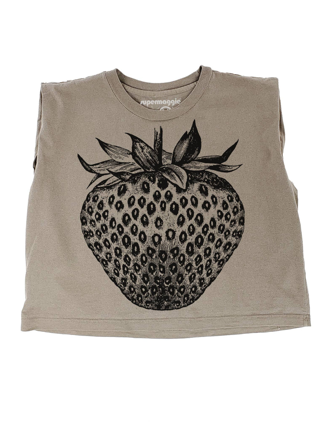 Beige tank top with black strawberry graphic on a white background