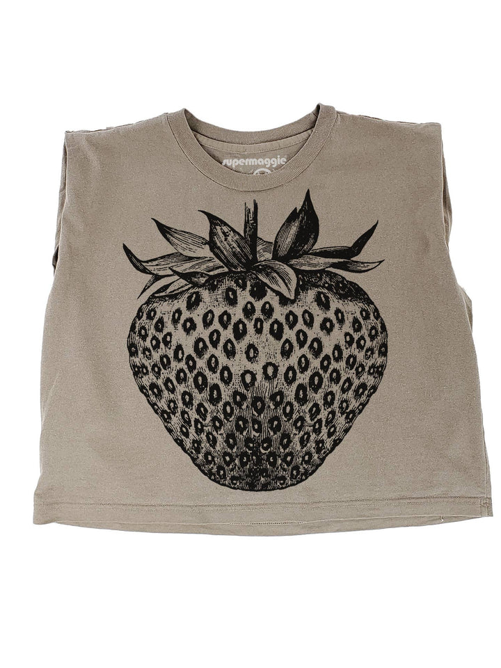 Beige tank top with black strawberry graphic on a white background