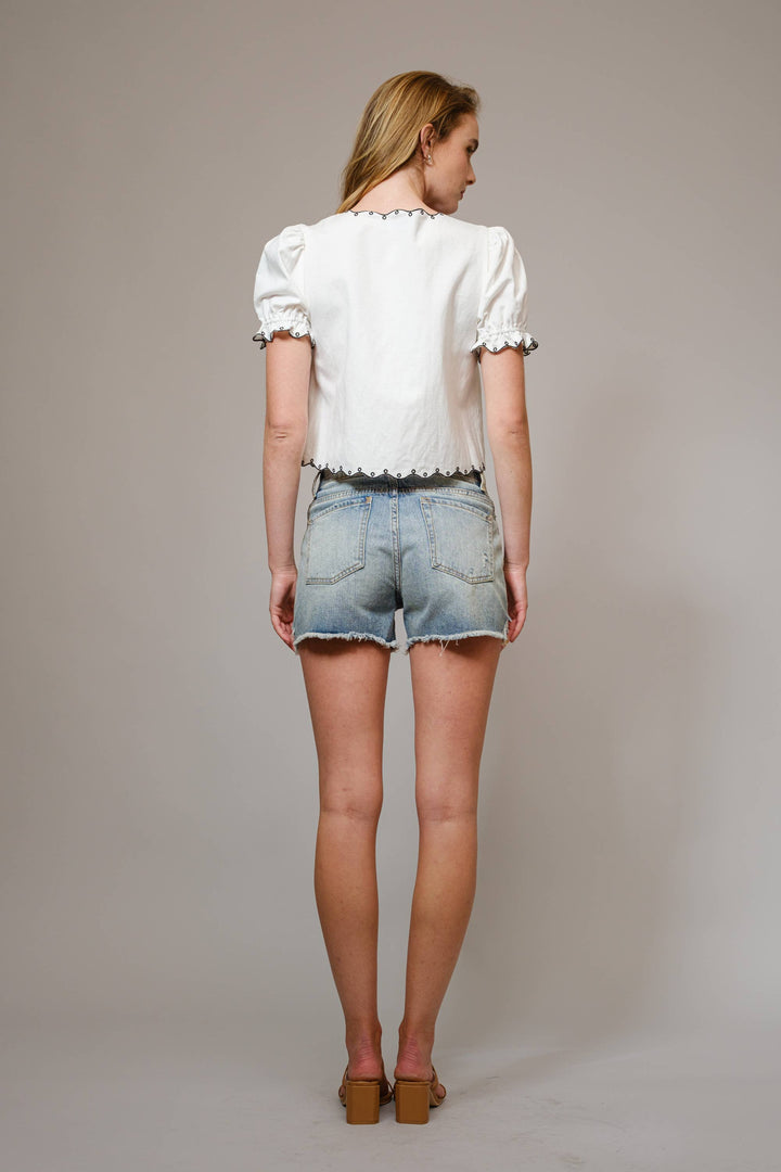 Puff Sleeve Embroidered Tie Front Blouse