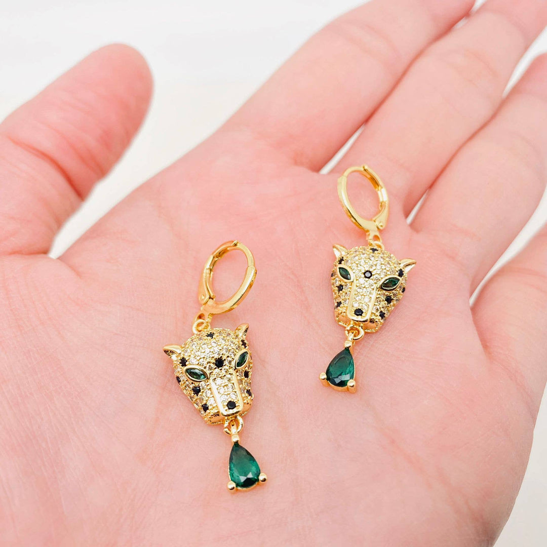 Green Eye Leopard Huggie Earrings