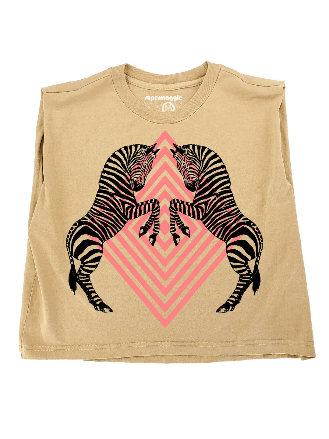 Beige sleeveless shirt with zebra design and pink geometric pattern on a white background