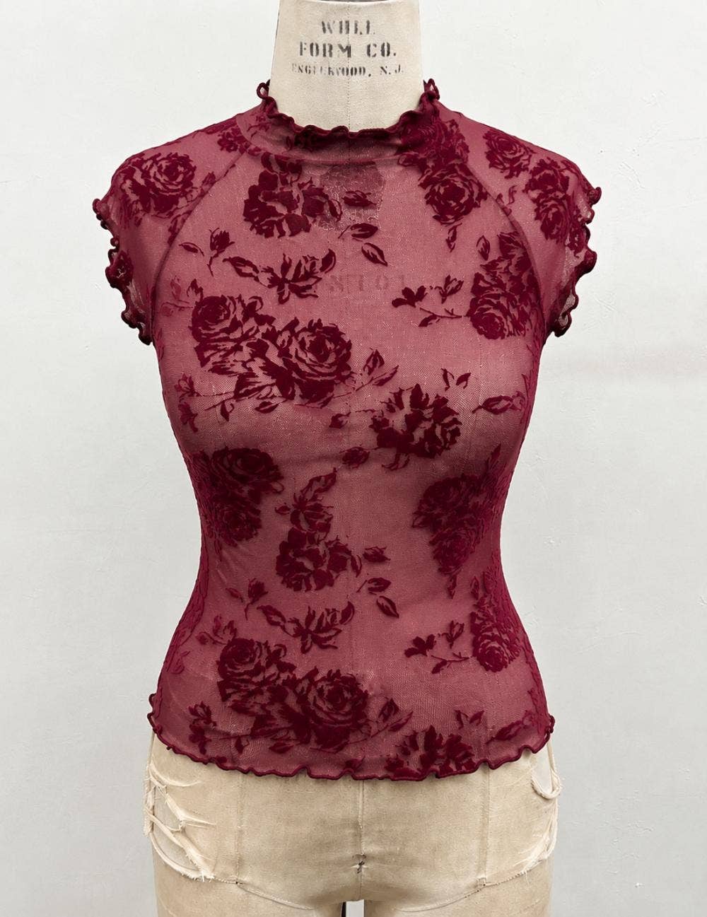 Floral Flocked Mesh Lettuce Trim Top