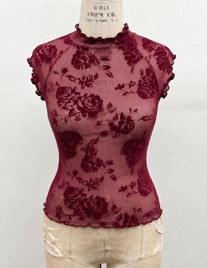 Floral Flocked Mesh Lettuce Trim Top