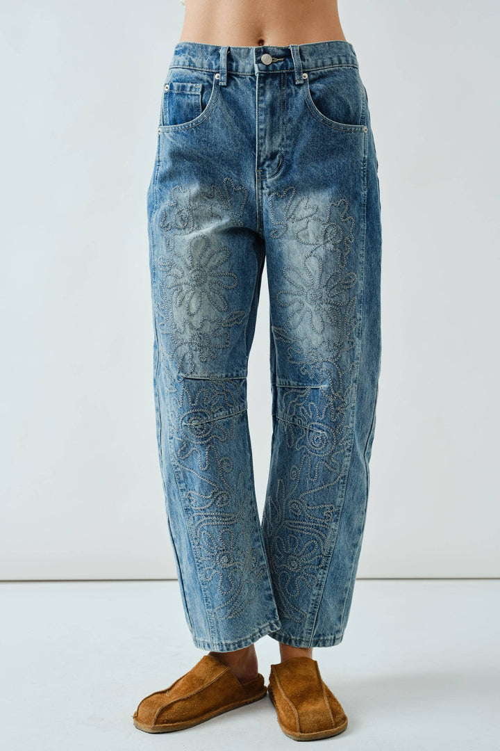 Embroidered Cotton Barrel Pants