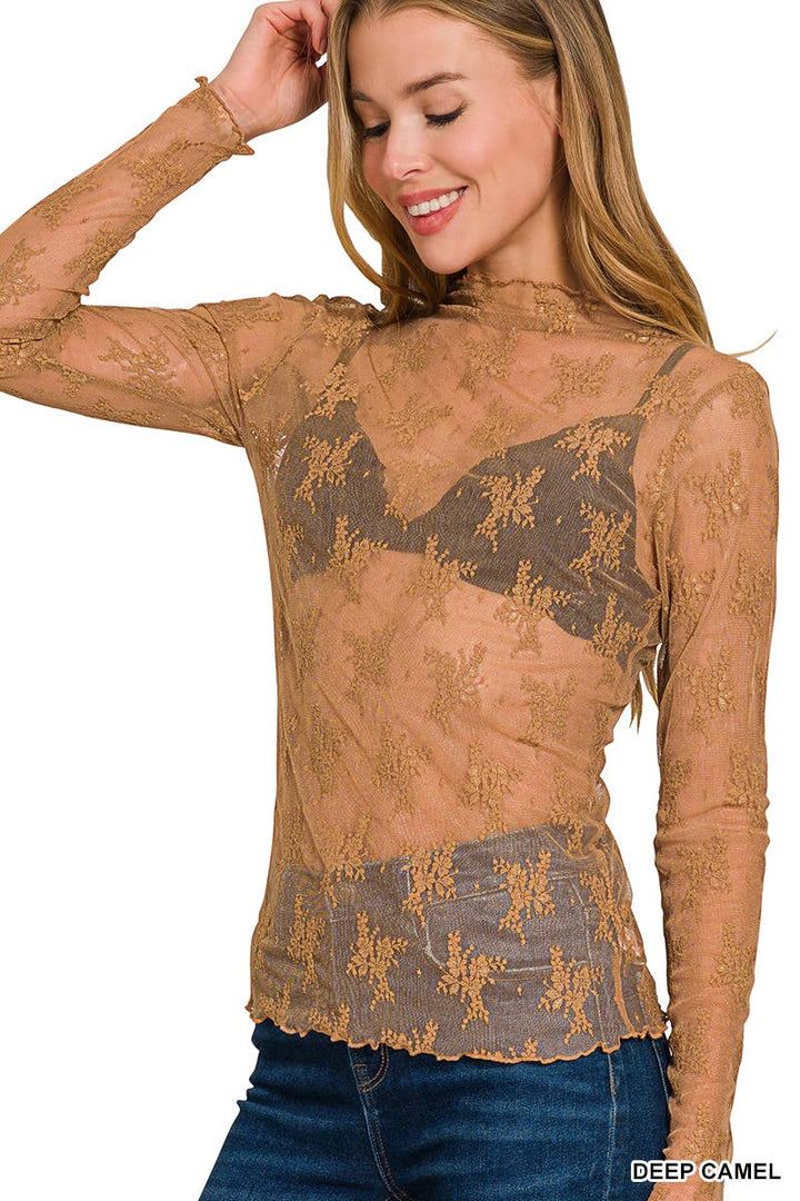 Navy Lace Sheer Long Sleeve