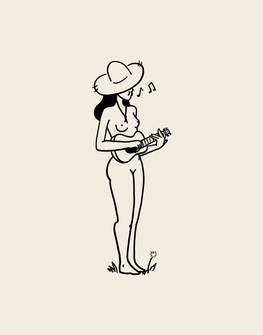 Black and white illustration of a woman playing a ukulele on a beige background