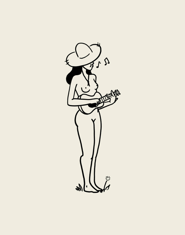 Black and white illustration of a woman playing a ukulele on a beige background