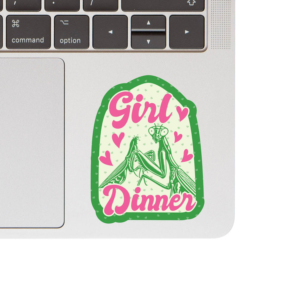 Laptop with a 'Girl Dinner' sticker on the palm rest area