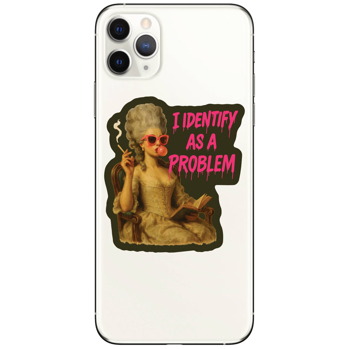 Phone case with a design of a person with gray hair and sunglasses, labeled 'I Identify as a Problem' on a white background.