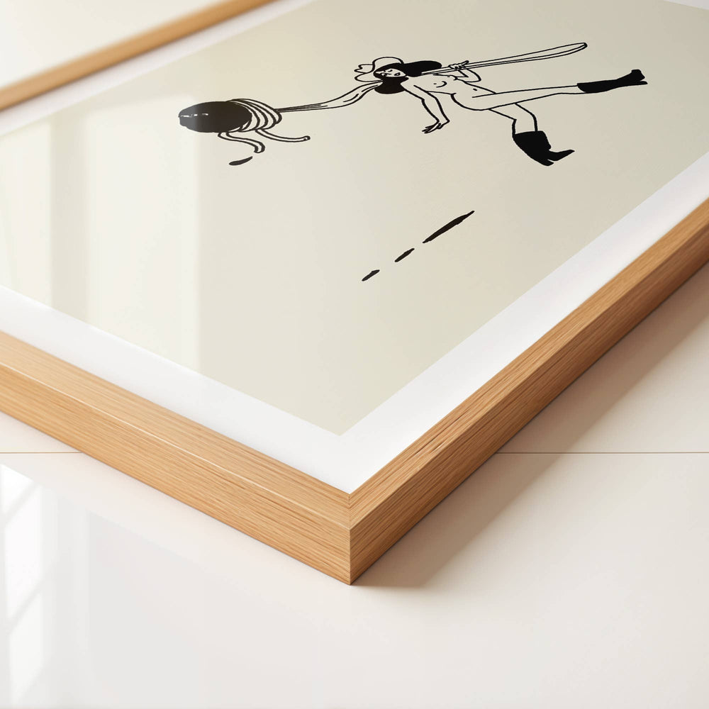 Framed black and white illustration of a person with a sword on a beige background