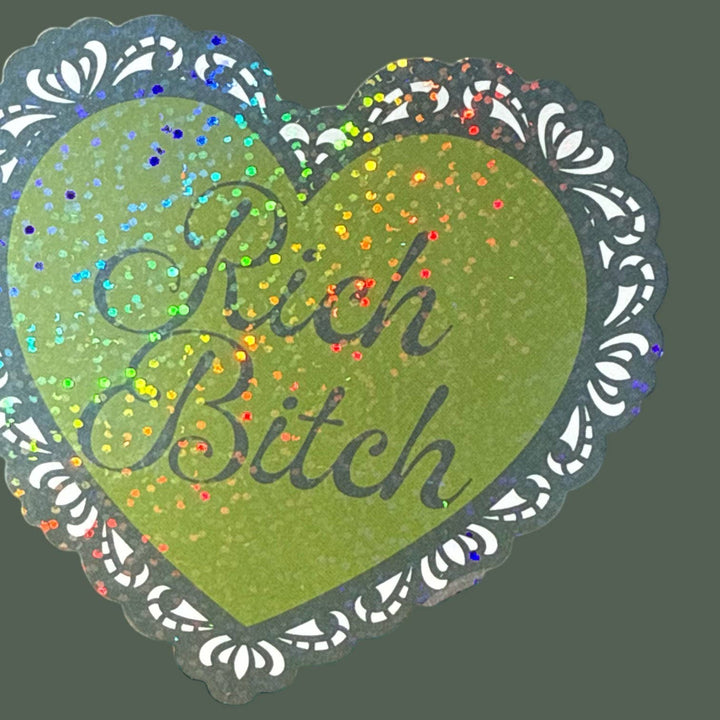 Rich Bitch Lace Heart Glitter Sticker