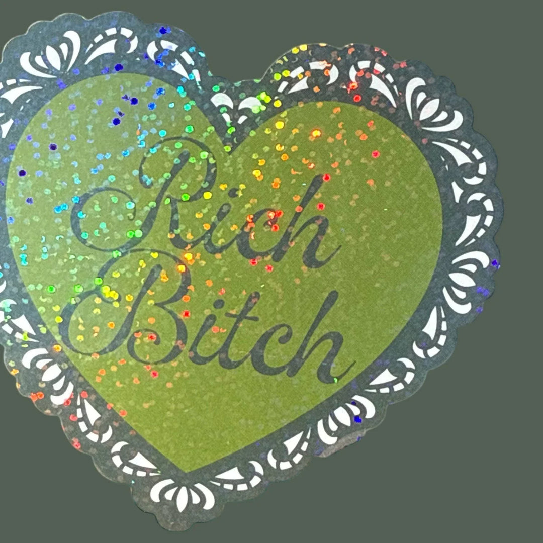 Rich Bitch Lace Heart Glitter Sticker