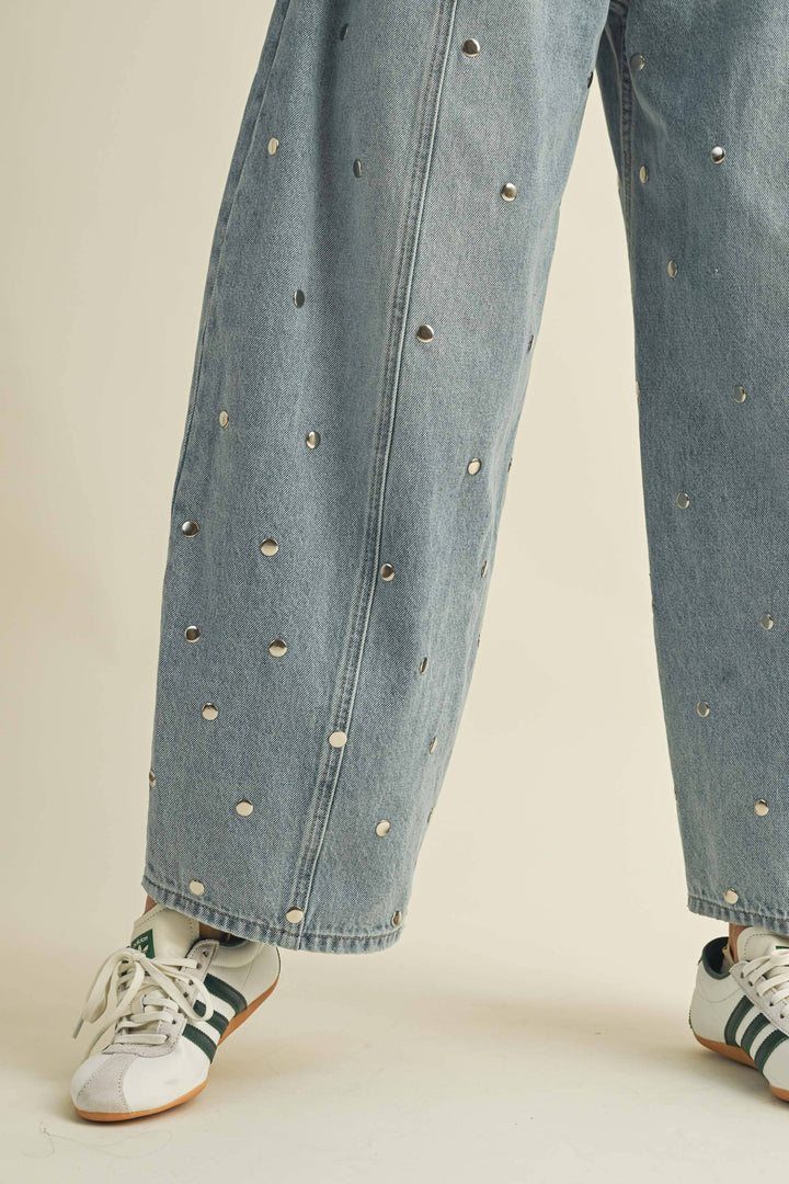 STUDDED BARREL DENIM PANTS