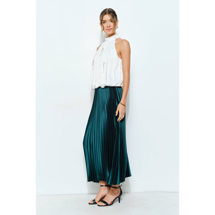 High Waist Satin Pleated Long Skirt