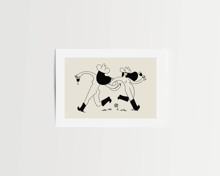Frolicking Cowgirls With Wine Minimal Western Art Print