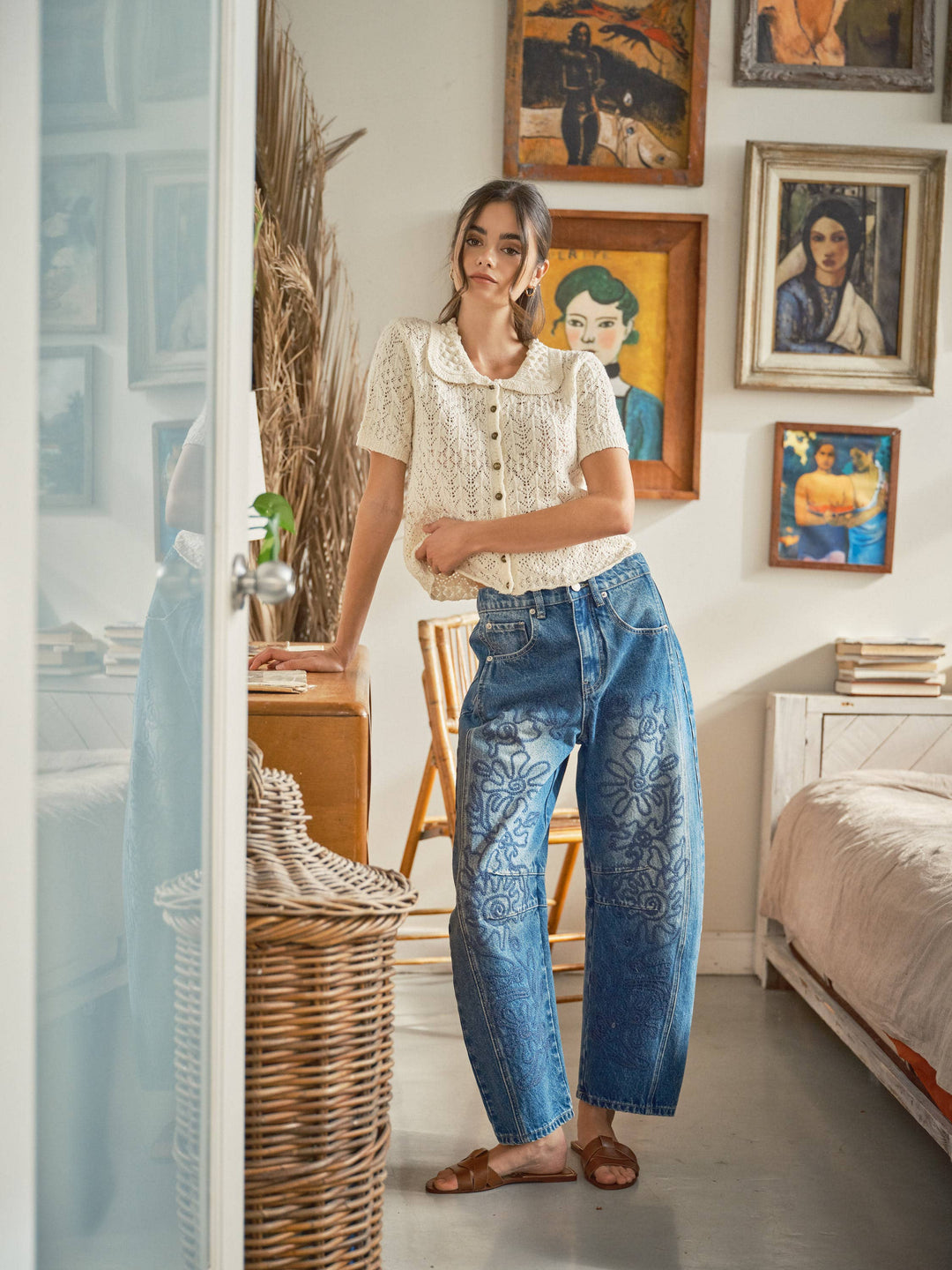 Embroidered Cotton Barrel Pants