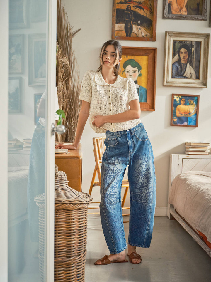 Embroidered Cotton Barrel Pants