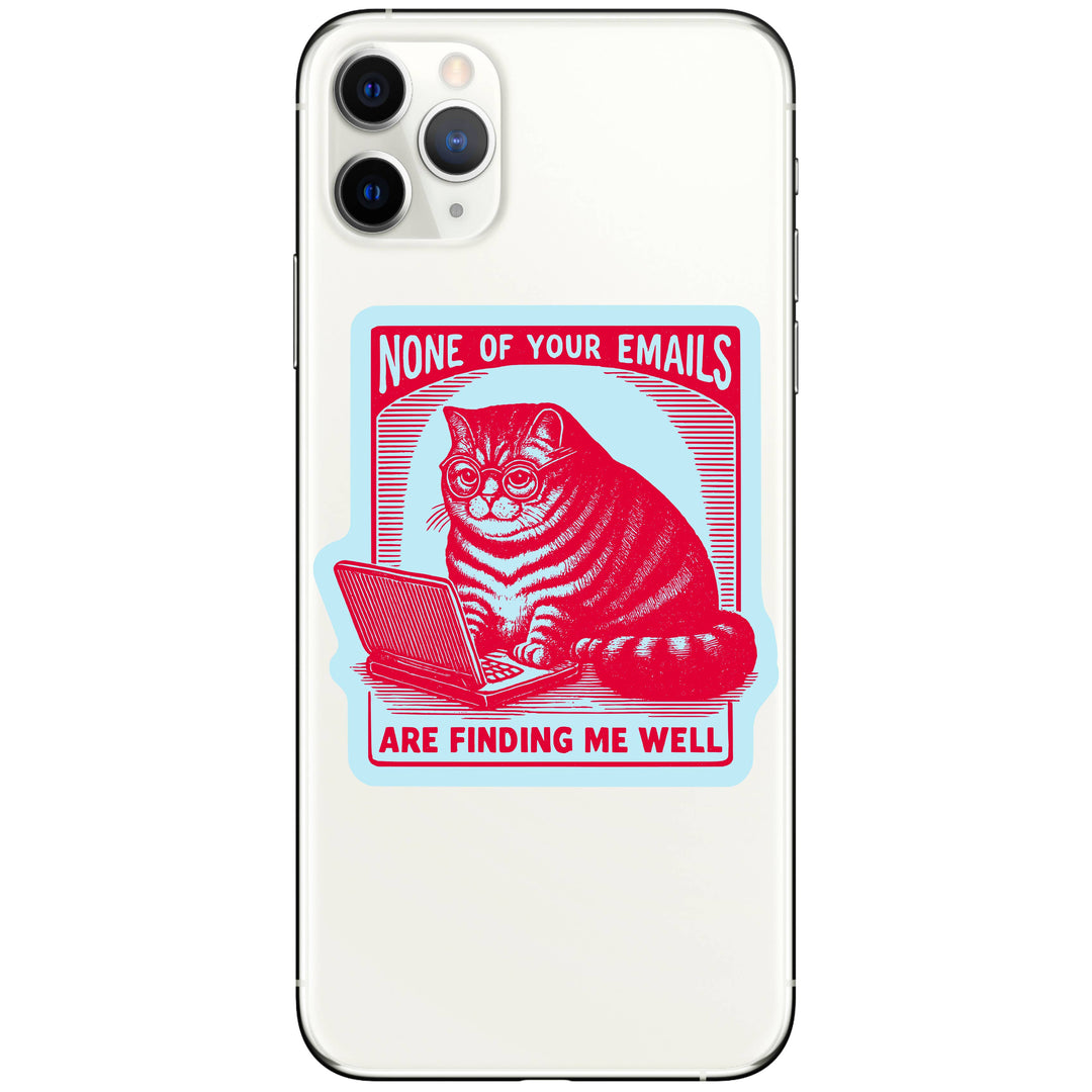 Phone case with a cat illustration and text on a white background