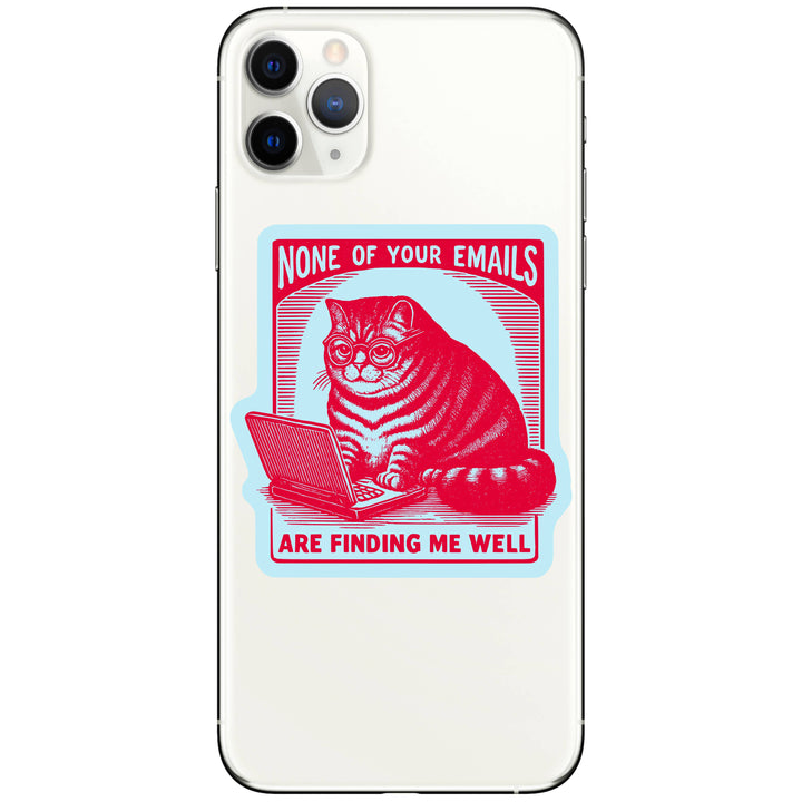 Phone case with a cat illustration and text on a white background