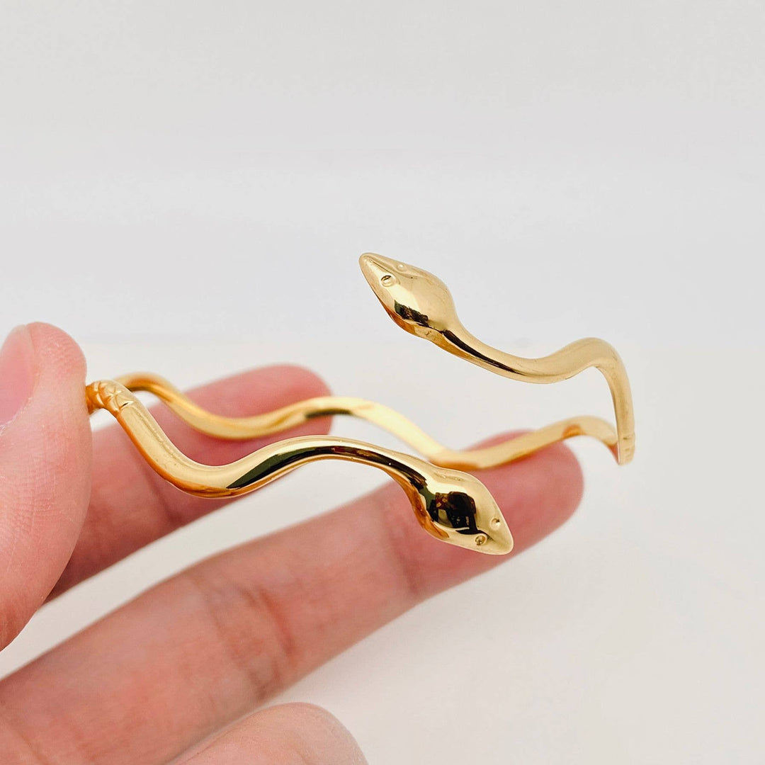 Wave Design Double Headed Snake Cuff Bangle - FGS