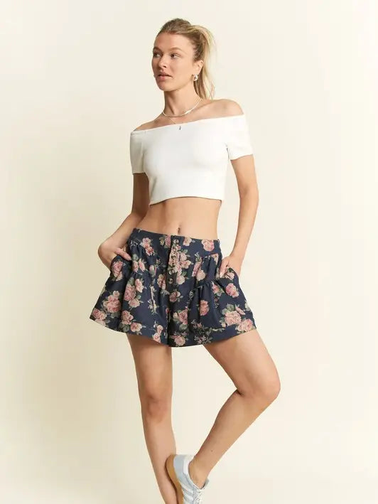 Floral Print Denim Short Pants