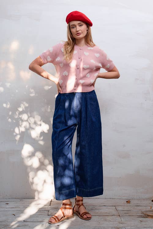 BUTTON DOWN HEART PRINT KNIT TOP