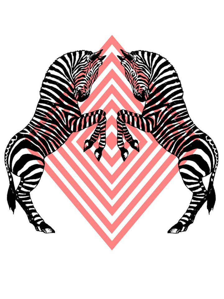 Two zebras facing each other with a pink and white geometric pattern between them on a white background.