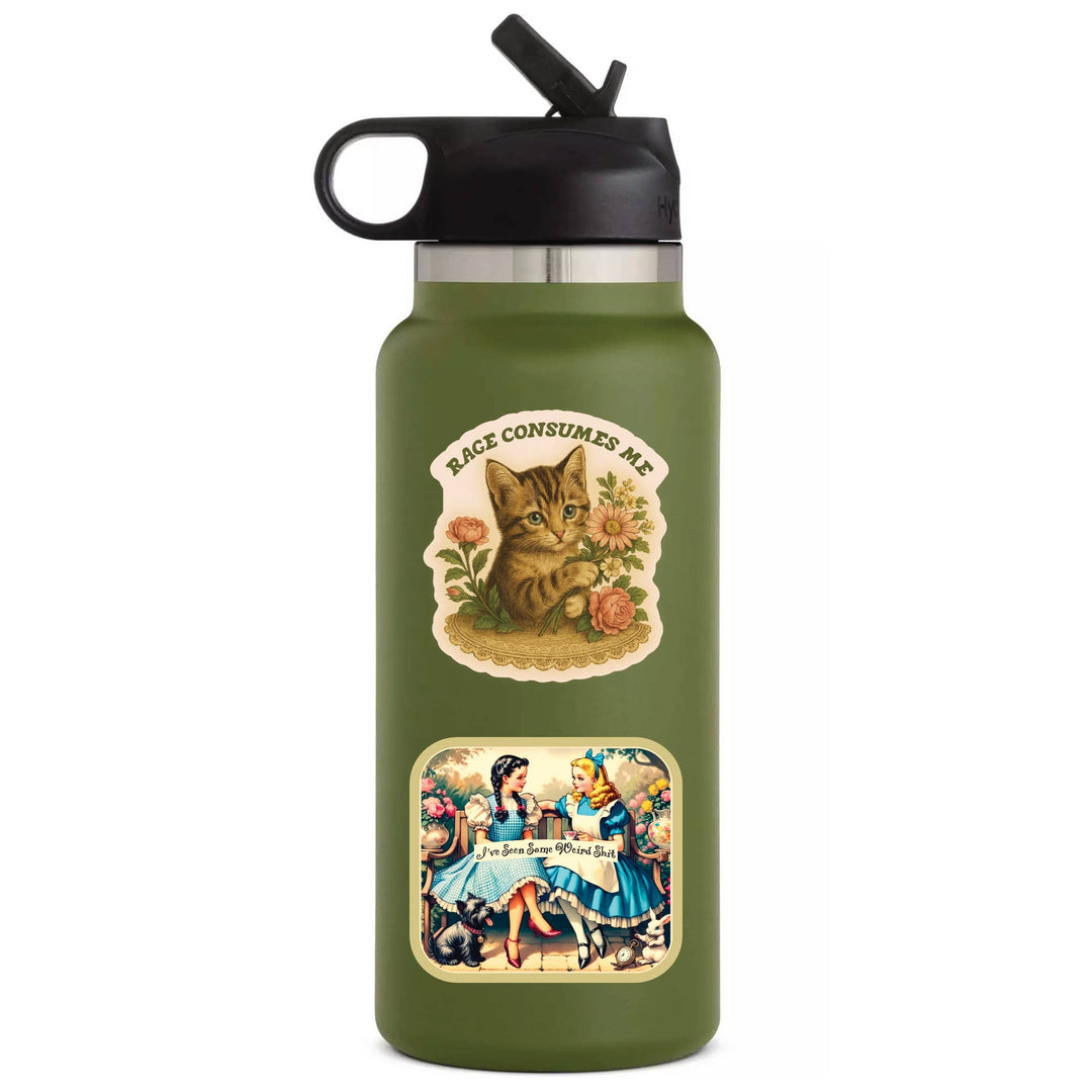 Green water bottle with vintage-style illustrations on a white background