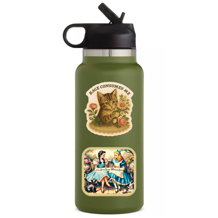 Green water bottle with vintage-style illustrations on a white background