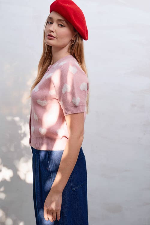 BUTTON DOWN HEART PRINT KNIT TOP