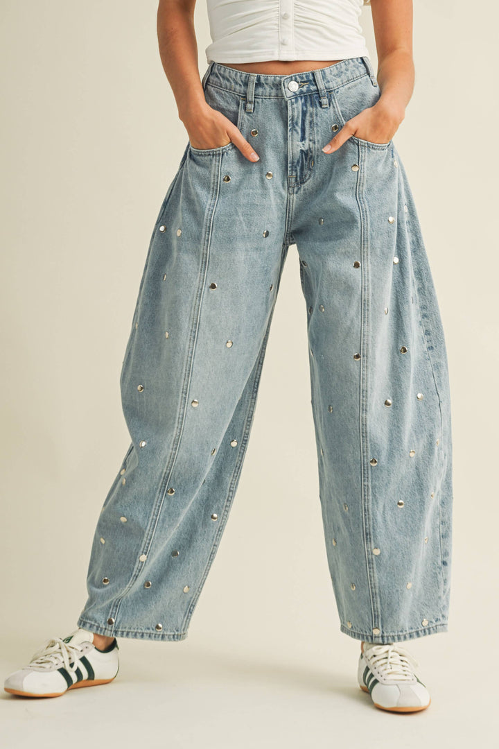 STUDDED BARREL DENIM PANTS