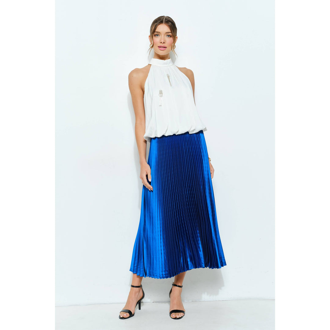 High Waist Satin Pleated Long Skirt