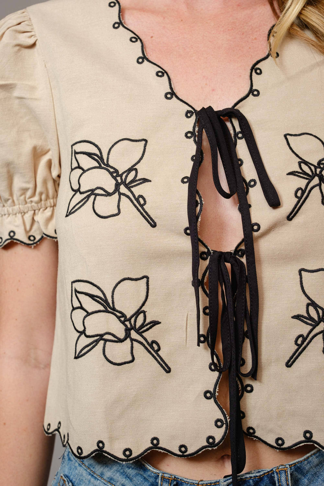 Puff Sleeve Embroidered Tie Front Blouse