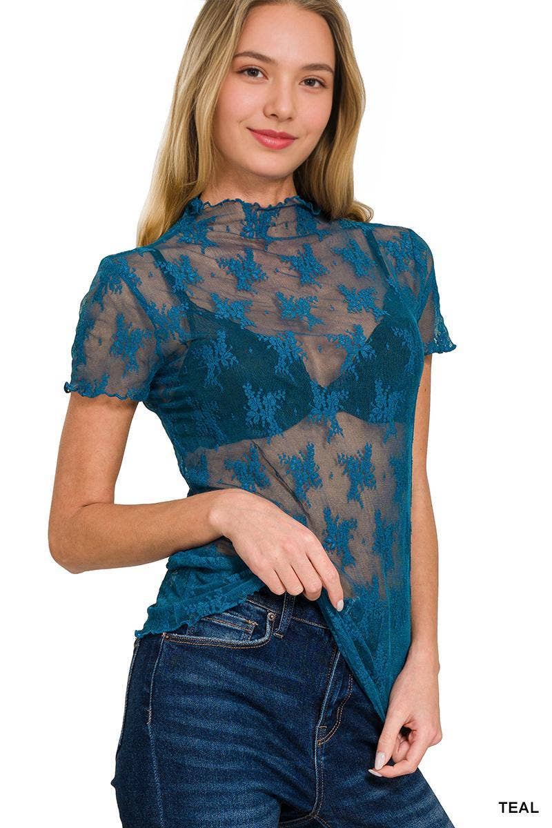 Teal Lace Sheer Short Sleeve