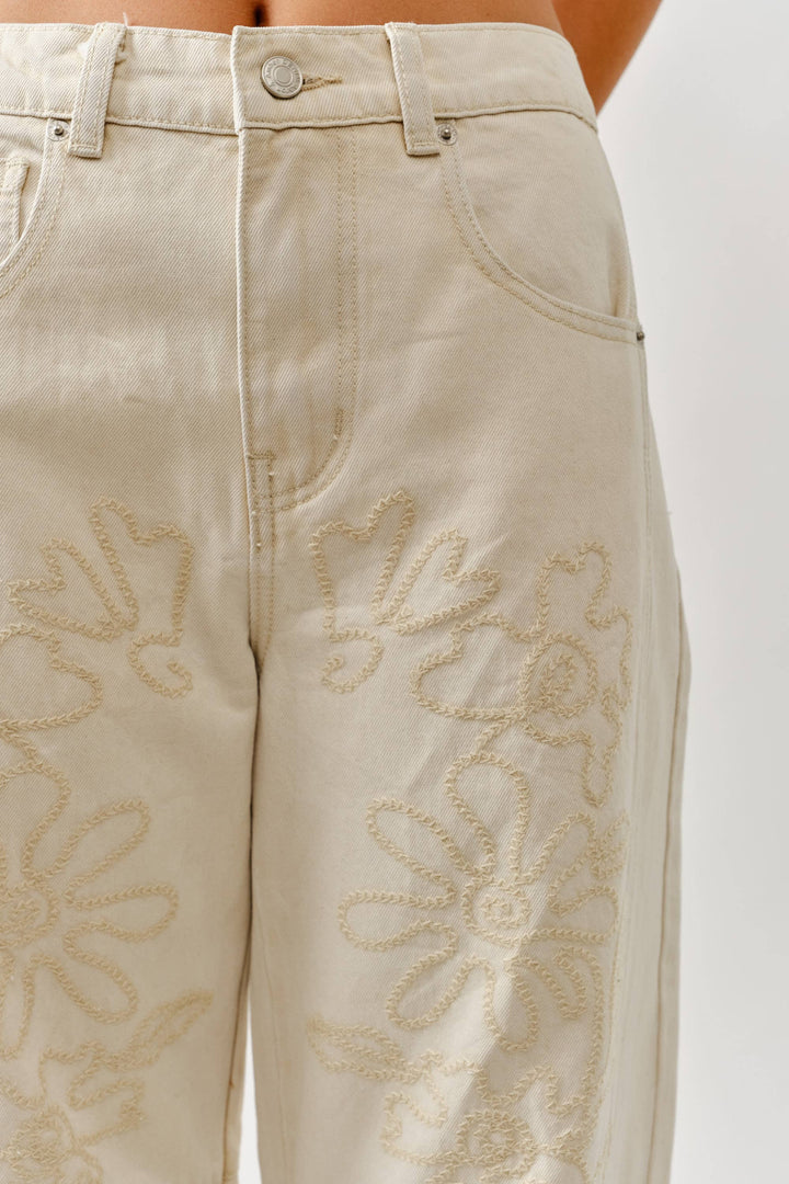 Embroidered Cotton Barrel Pants